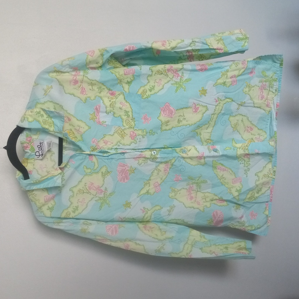Lilly Pulitzer Light Blue Button-Down Shirt with Pink and Yellow Map Print